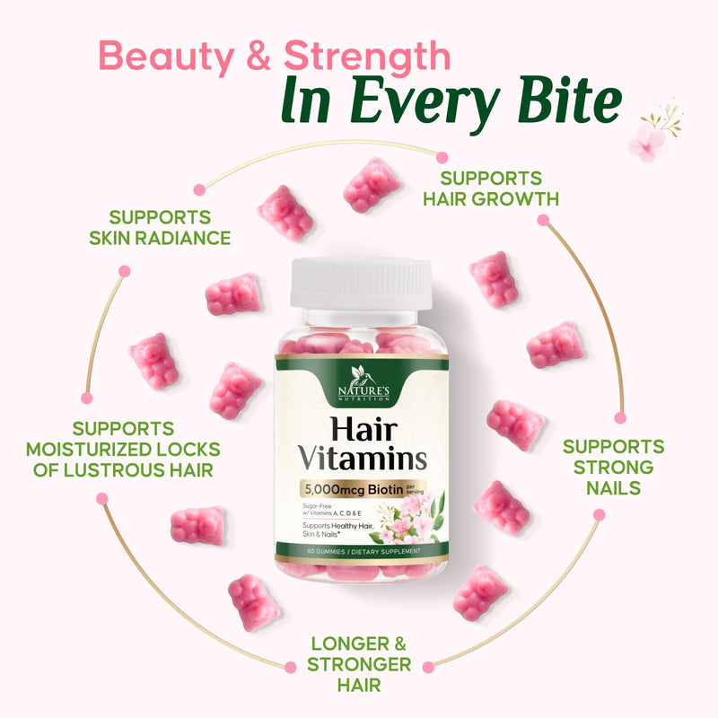 Hair Vitamins Gummies with Biotin 5000 mcg Per Serving - Extra Strength Hair Growth Support Vitamin E & C - Stronger Radiant Hair, Skin & Nails Supplement - Hair Growth Support Gummy - 60 Gummies 60 Count (Pack of 1)