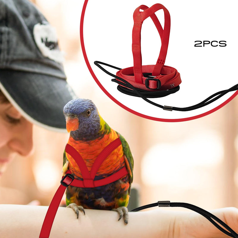 2 pcs Pet Parrot Bird Harness and Leash, Adjustable Training Design Anti-Bite, Outdoor Flying Training Rope Kit for Bird Parrots Fits Birds Chest Between24-51cm /9.45-20inch - M (red red - BeesActive Australia