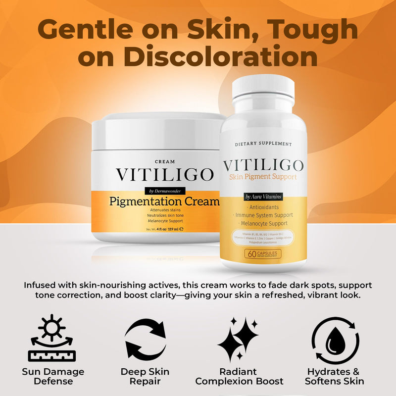 Dermawonder Vitiligo Supplement & Pigmentation Cream Set | 60 Vitiligo Capsules and 4fl Oz Cream | Reduce White Spots, Improve Skin Pigmentation & Neutralize Skin Tone | Natural Solution (1) 60 Count (Pack of 1), 4 Fl Oz (Pack of 1)