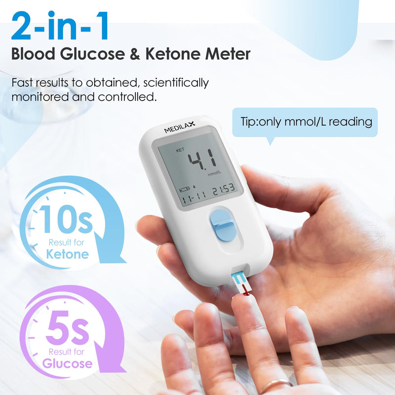 Ketone Monitor and Glucose Meter Kit - Dual Blood Sugar and Ketone Test Meter Kit with 10 Ketone Test Strips, 10 Glucose Test Strips, Lancets & Lancing Device - BeesActive Australia