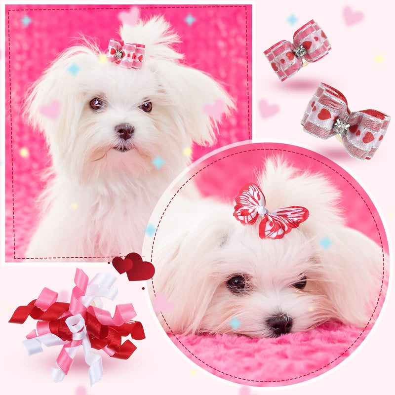 MTLEE 50 Pcs Valentine's Day Pink Small Dog Hair Bows Mixed Styles Dog Bows Pink Bows Heart Rhinestone Pattern with Rubber Bands Puppy Yorkie Cat Butterfly Topknot Rhinestone Pearl Girl Accessories - BeesActive Australia