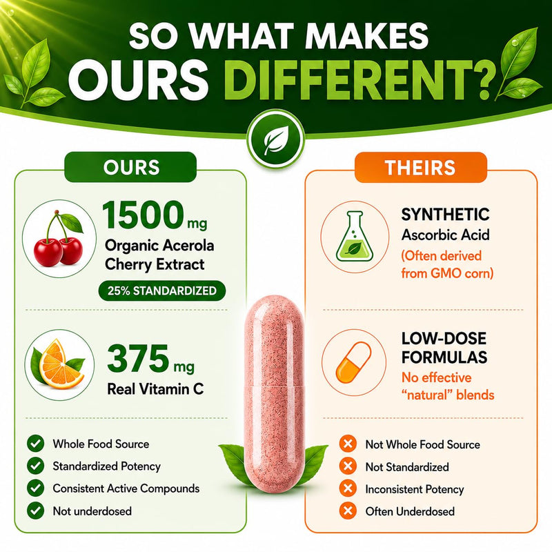 Natural Vitamin C from Organic Acerola Cherry - High Absorption - with Garlic Ginger & Citrus Bioflavonoids - Immune System & Collagen Booster - Anti Aging Skin Vitamins