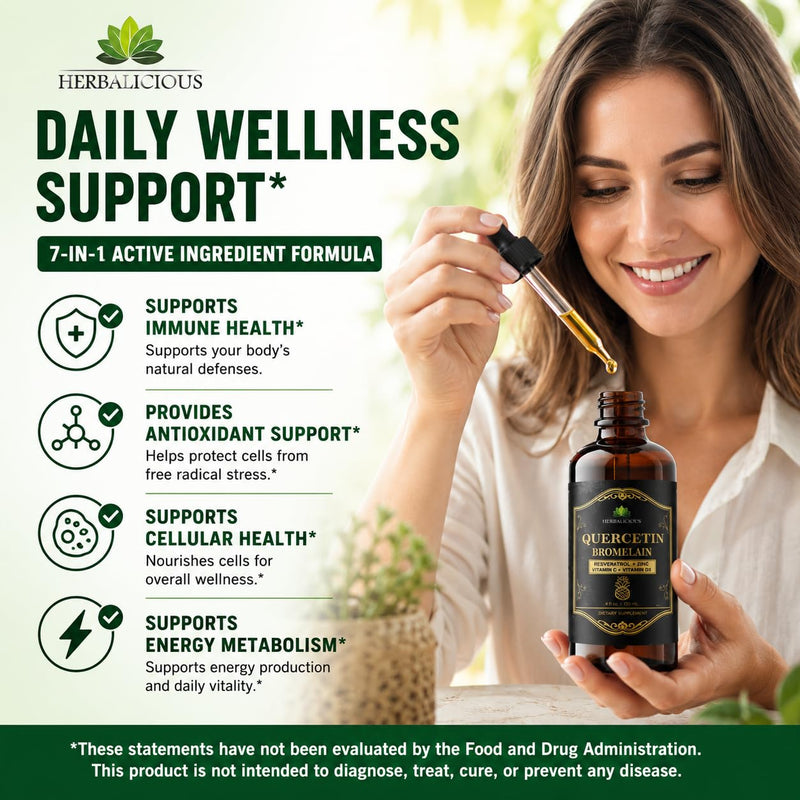 HERBALICIOUS Quercetin Bromelain Liquid with Resveratrol, Zinc, Vitamin C & D3 – Immune Support Drops – 4 fl oz (120 mL) – Fast Absorption – Non-GMO Dietary Supplement