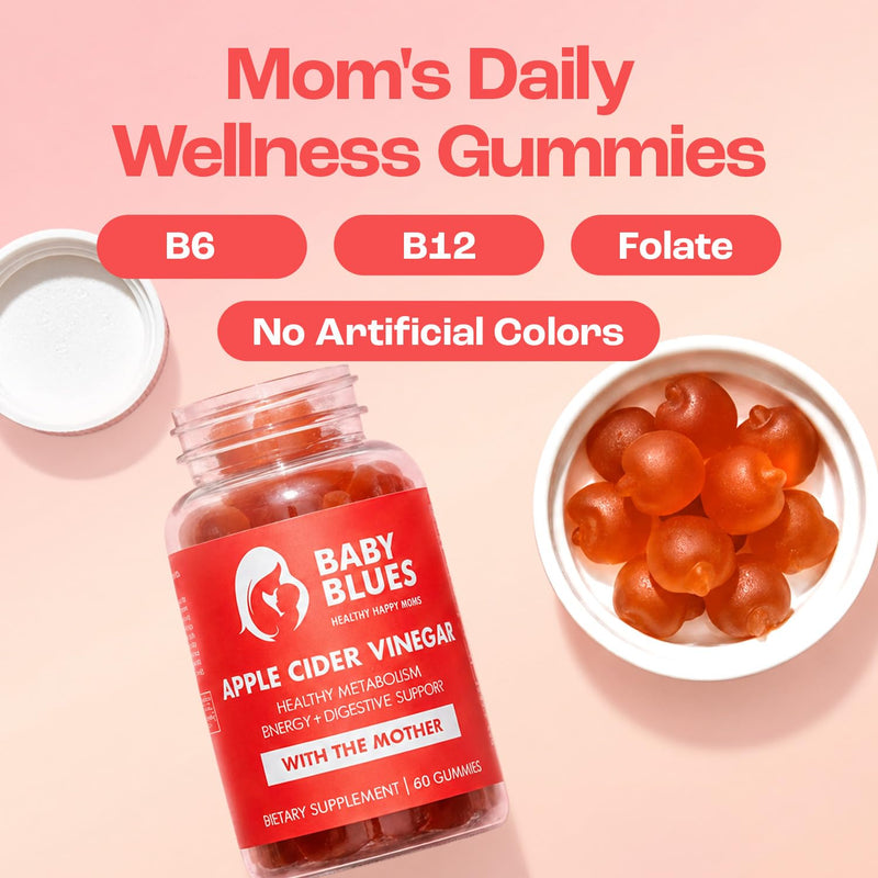 Baby Blues Apple Cider Vinegar Gummies with the Mother for Bloating, Metabolism and Healthy Weight, Postpartum and Breastfeeding Women, Apple Flavor, Vegan, 60 Count