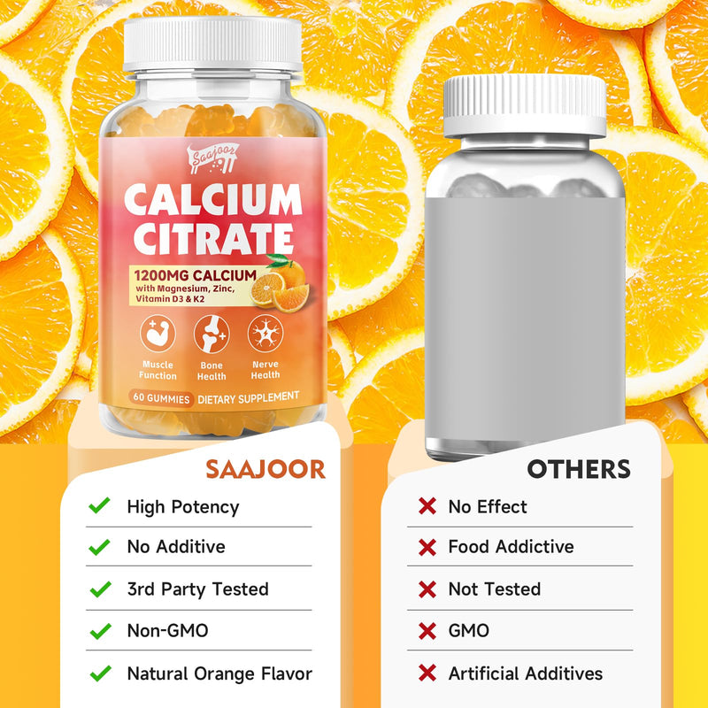 Calcium Citrate Gummies 1200 mg with Vitamin D3, K2, Magnesium, Zinc, Bone Support for Bones, Muscles & Joints,Immunity & Memory Support, 60 Count 1 Pack