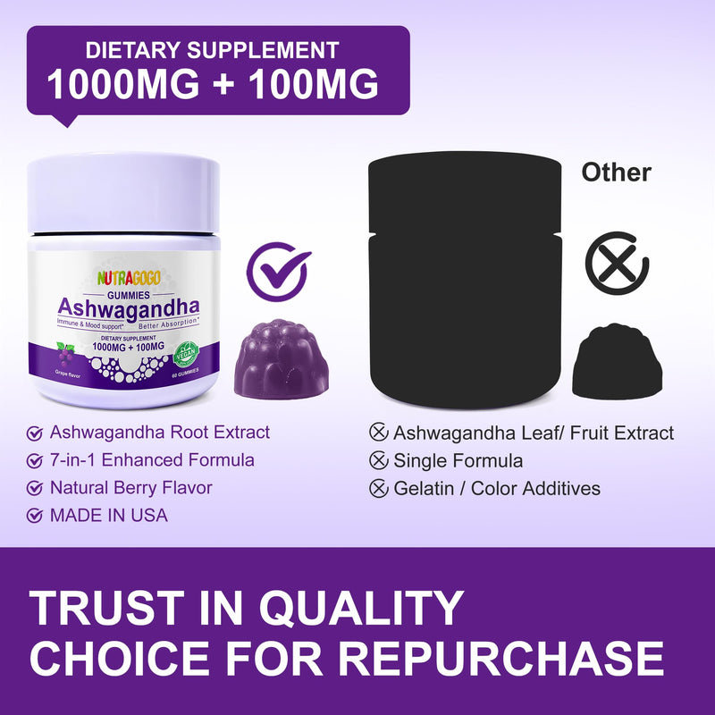 Ashwagandha Gummies & Vitamin D3 Gummies Organic Aswangdha Supplement for Improve Sleep, Stress Relief & Mood Calm (Grape Berry,Non-GMO, Gluten-Free & Sugar Free)-2 Pack 60 Count (Pack of 2) Grape
