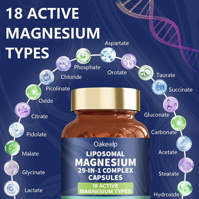 29-in-1 Liposomal 18 Active Types Magnesium Complex 1400MG Capsule,Citrate Glycinate Malate etc,Mild & Efficient,Extra Vitamin B6 B12 D3K2 & CoQ10, Relaxation Nerve* & Hert* Support 18 Types Magnesium Unflavored 120 Count (Pack of 1)