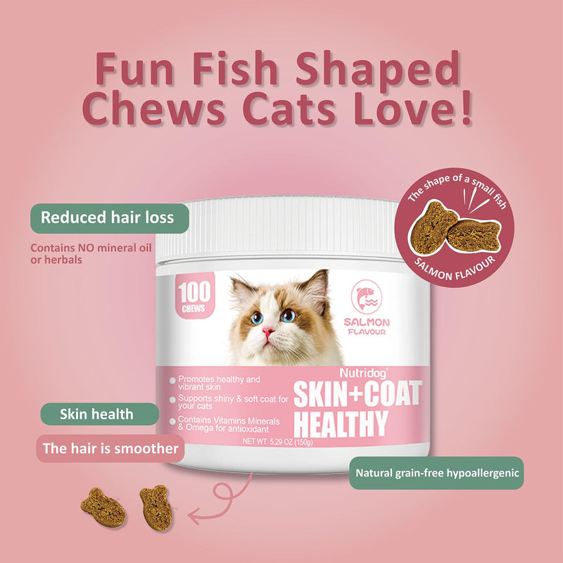 Cat Skin & Coat Chews 100 Count – Omega-3, DHA, Biotin & Vitamin E for Shedding, Dry Skin & Glossy Coat, with Glucosamine & Chondroitin for Joint Support, Salmon Flavor
