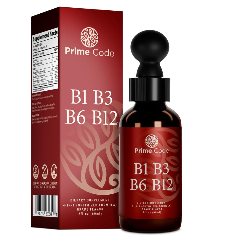 Prime Code Liquid Vitamin B1 Drops with Vitamin B3 B6 & B12 | B Complex Liquid Supplement | Thiamine Supplement for Adults | High Absorption | Immune Support | Non-GMO | Gluten-Free
