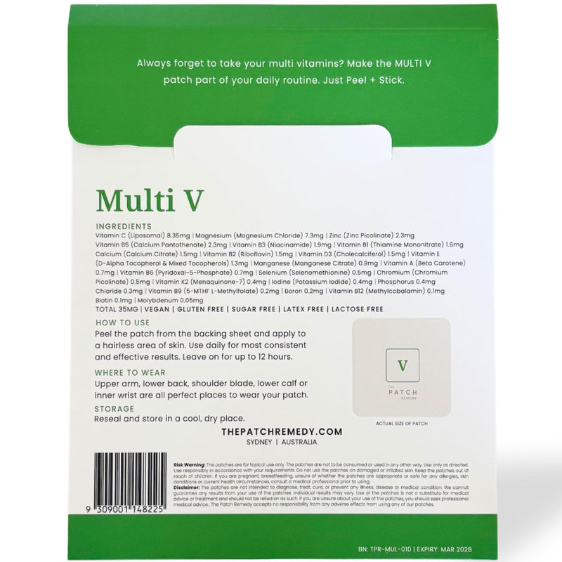 The Patch Remedy Multi V Patches - Vitamin Plus Blend with D3, K2, Magnesium Chloride, Zinc, Liposomal C, Potassium, Iodide, Biotin Plus More