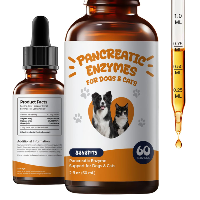 Pancreatic Enzymes for Dogs Drops – Liquid Pancreatin Digestive Enzyme Support for Pets with EPI, Supports Digestion, Weight Maintenance & Stool Consistency – 2 fl oz (60 mL)