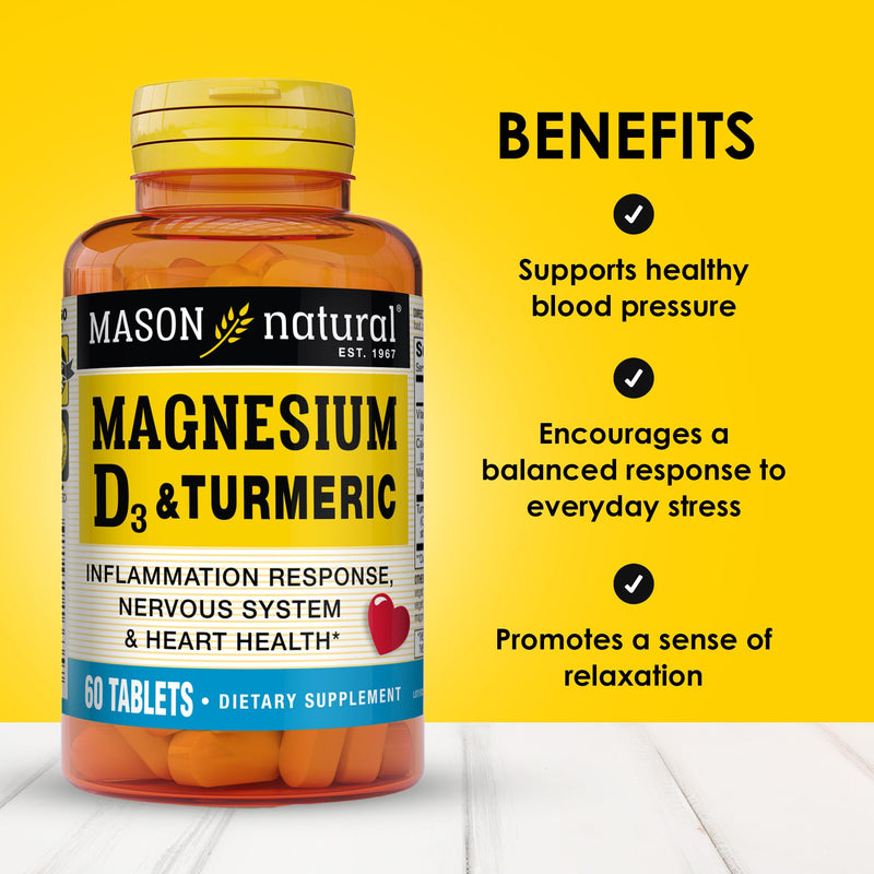 MASON NATURAL Magnesium & Vitamin D3 with Turmeric, 60 Day Supply | 500mg magnesium, 3000 IU vitamin D3, 150mg turmeric & calcium; dietary supplement to support normal muscle, bones & joints
