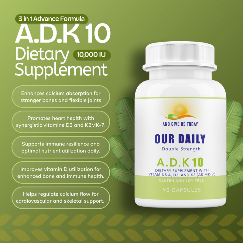Daily Vites, ADK 10 Vitamin Supplement – 180 Capsules – High Potency Vitamin A, D3 10,000 IU & K2-MK7 – Physician Formulated for Bone, Heart & Immune Support – Non-GMO, Gluten Free (2 Pack) 90 Count (Pack of 2)