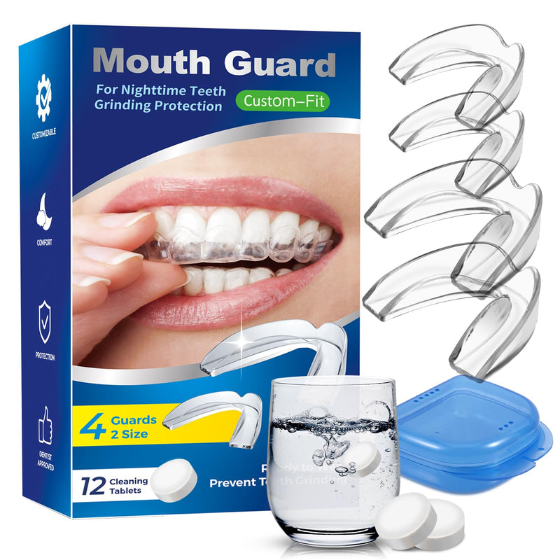 Mouth Guard for Sleeping 4PCS with 12 Cleaning Tablets, Mouthguard for Grinding & Clenching Teeth at Night, Night Guards for Grinding of Teeth, Dental Bite & Boil Guard Clear - BeesActive Australia