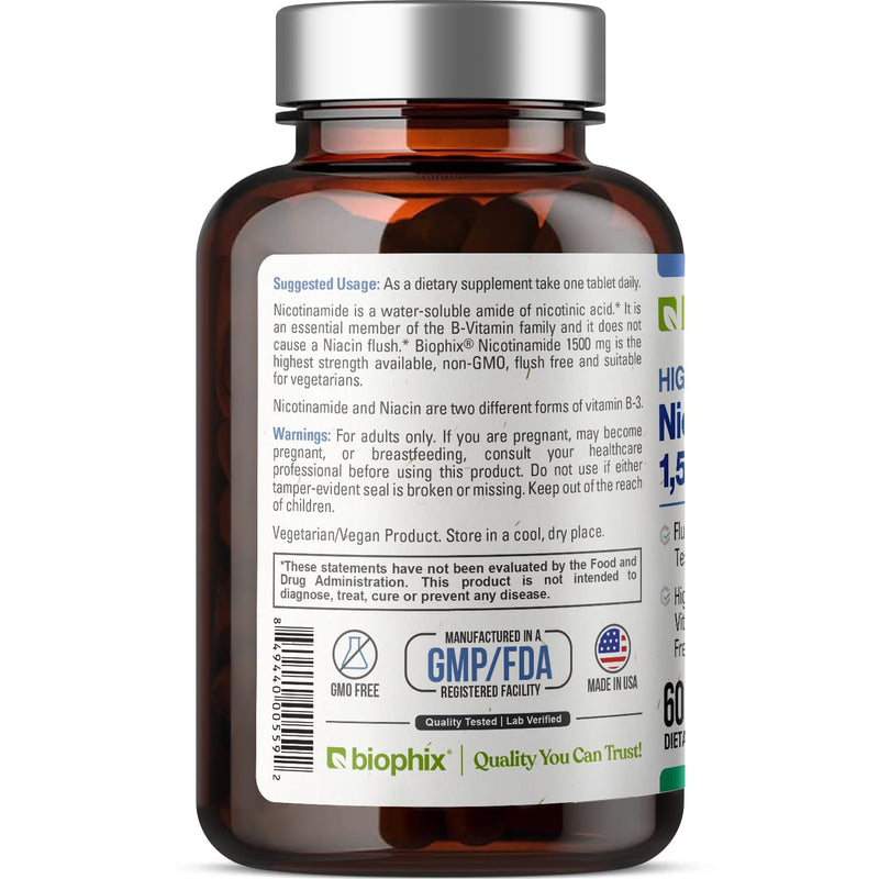 biophix B-3 Nicotinamide 1500 mg 60 Tablets Maximum Strength - Nicotinic Amide Niacin Natural Flush-Free Vitamin Formula - Supports Skin Cell Health