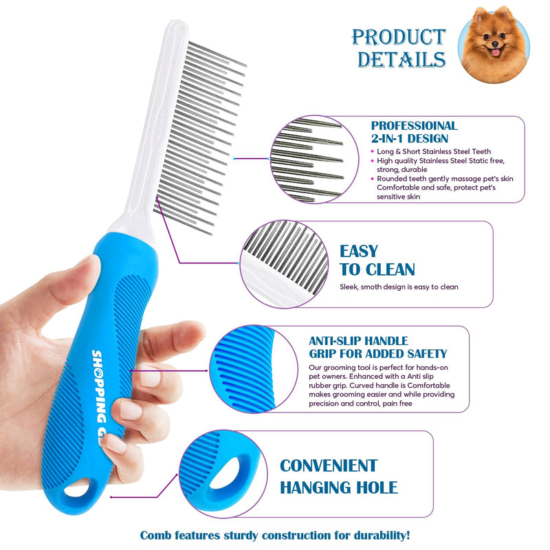 Detangling Pet Grooming Comb for Dogs & Cats with Long & Short Stainless Steel Metal Teeth for Removing Tangles and Knots - Dematting Brush to Detangle Matted Hair Blue comb - BeesActive Australia