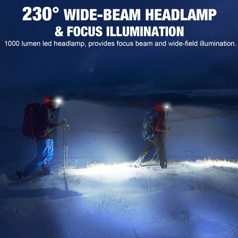 LED Headlamp, 1000lumens 230° Widebeam Headlight, USB Rechargeable HeadLamp with Red Taillight, Lightweight Waterproof Headband Light for Camping Running Hiking, Hard Hat Headlamp led headlamp 2pcs