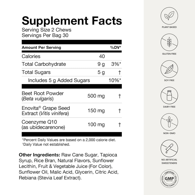 humanN SuperBeets Heart Chews Advanced - 100mg of CoQ10 Plus Beetroot & Grape Seed Extract, 60 Count 60 Count (Pack of 1)