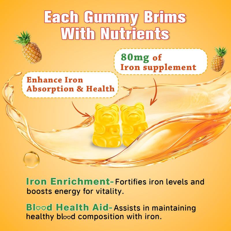 2 Pack Iron Gummies for Women & Men - Vegan Iron Supplement for Anemia & Iron Deficiency, with Vitamin B12, Vitamin C, Zinc, Folate - Energy Boost, Sugar-Free, Pineapple Flavor, 120 Count 60 Count (Pack of 2)