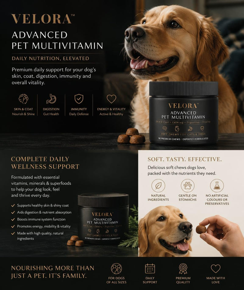 Velora Signature 5-in-1 Multivitamin Chews for Pets — Advanced Daily Wellness Support for Cardiac Health, Luxurious Skin & Coat, Digestive Comfort, Immune Defense, and Everyday Vitality • 90 Chews Dog