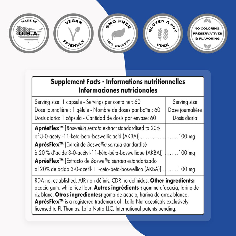 Supersmart - Super Boswellia Extract 100mg per Day (Patented & High Strength) - ApresFlex Boswellia Serrata Supplement - 20% AKBA | Non-GMO & Gluten Free - 60 Vegetarian Capsules - BeesActive Australia