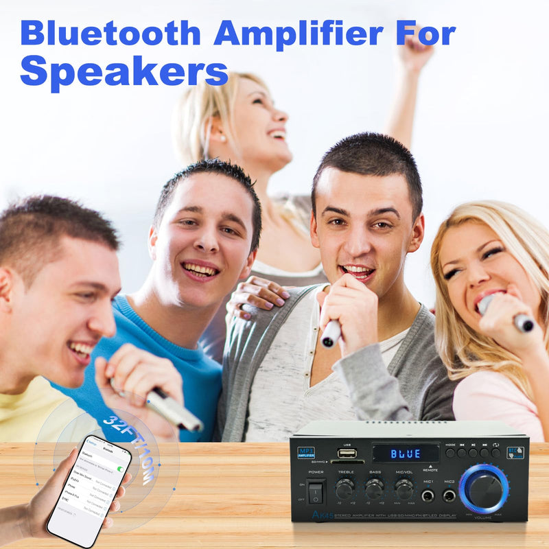 AK45 Stereo Home Audio Amplifier, 5.0 Mini Bluetooth Receiver, 300W *2 Blutooth HiFi Stereo Power Amplifier 2.0 Channel RMS 40W x 2 Home Stereo System with Remote Control Amp W/MIC,USB, RCA,FM Radio