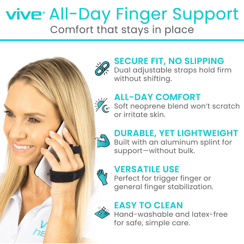 Vive Trigger Finger Splint Brace - Middle, Pinky, Pointer, Ring and Thumb Support - Palm Strap Included - Straighten Curved or Broken Fingers - Adjustable, Breathable Fit - Aluminum Pain Relief Guard Black - BeesActive Australia