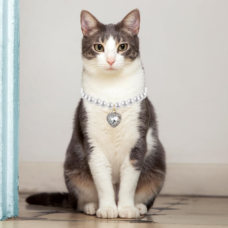2 PCS Cat Dog Pearl Collar with Rhinestone Heart Pet Jewelry Small Heart Shape Rhinestone Pet Necklace, Adjustable Birthday Wedding Collar for Puppy Small Cats- White & Pink - BeesActive Australia