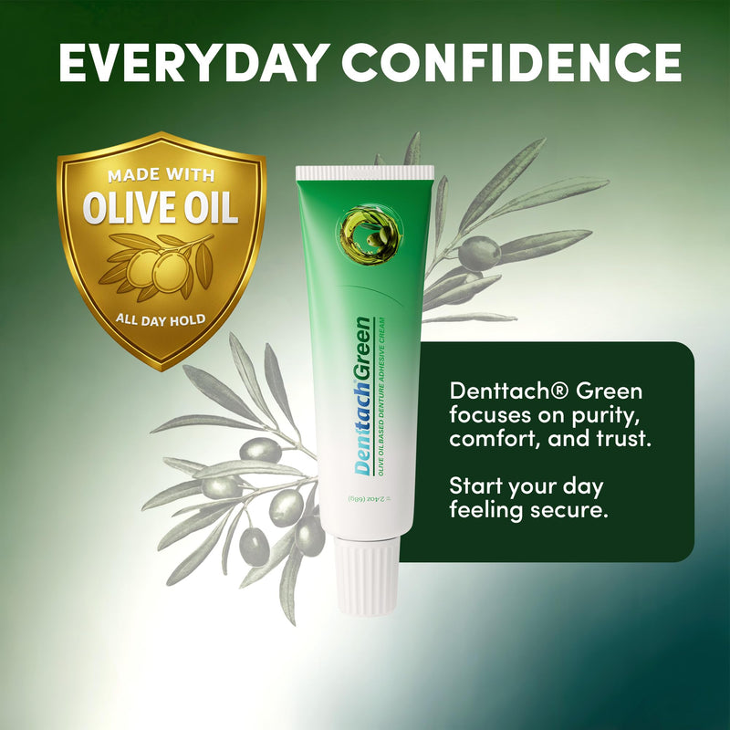 Denttach Green Denture Adhesive, Petroleum Free Olive Oil Based Denture Cream for Full and Partial Dentures, All Day Secure Hold Premium Denture Glue, Zinc Free, 2.4 Ounce