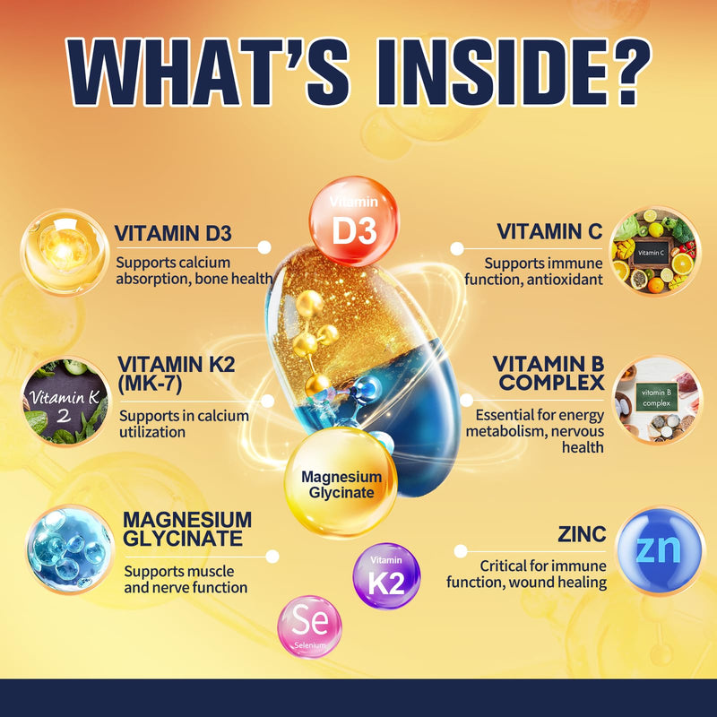 9-in-1 Magnesium Glycinate 500mg + Vitamin D3 5000 IU & K2 Complex - High Absorption - Healthy Stress, Sleep, Muscle Function, Bone Health & Energy Supports | Non-GMO, Gluten-Free 120 Softgels 120 Count (Pack of 1)