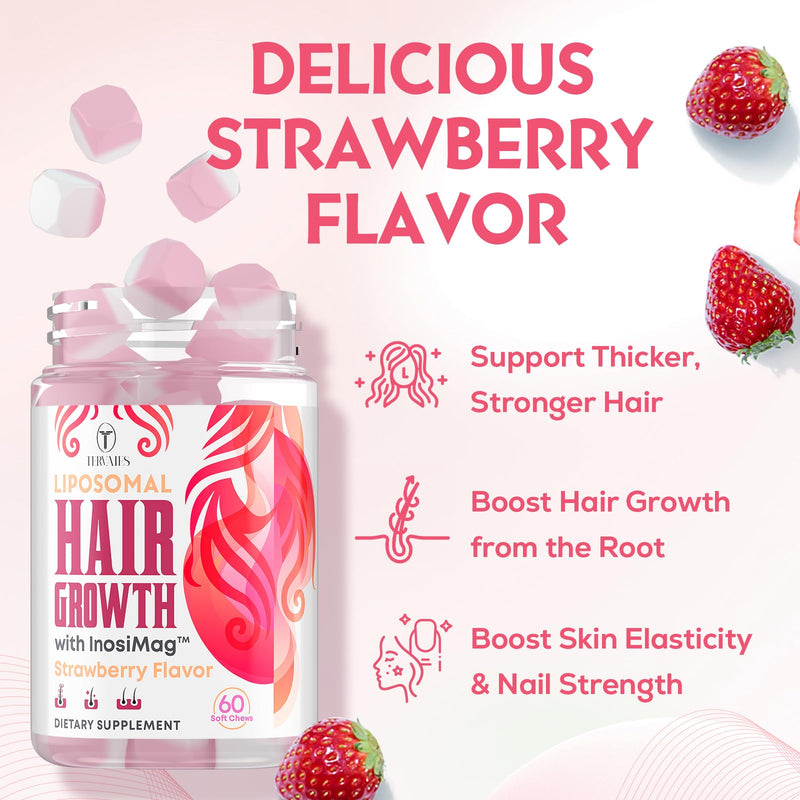 Liposomal Hair Growth Vitamins for Women, Biotin 12,000 mcg, 60 Soft Chews | Hair Growth Supplement, InosiMag, Collagen, Zinc, Vitamins C & D, Hair Skin and Nails Vitamins, Strawberry, 60-Day Supply 60 Count (Pack of 1)