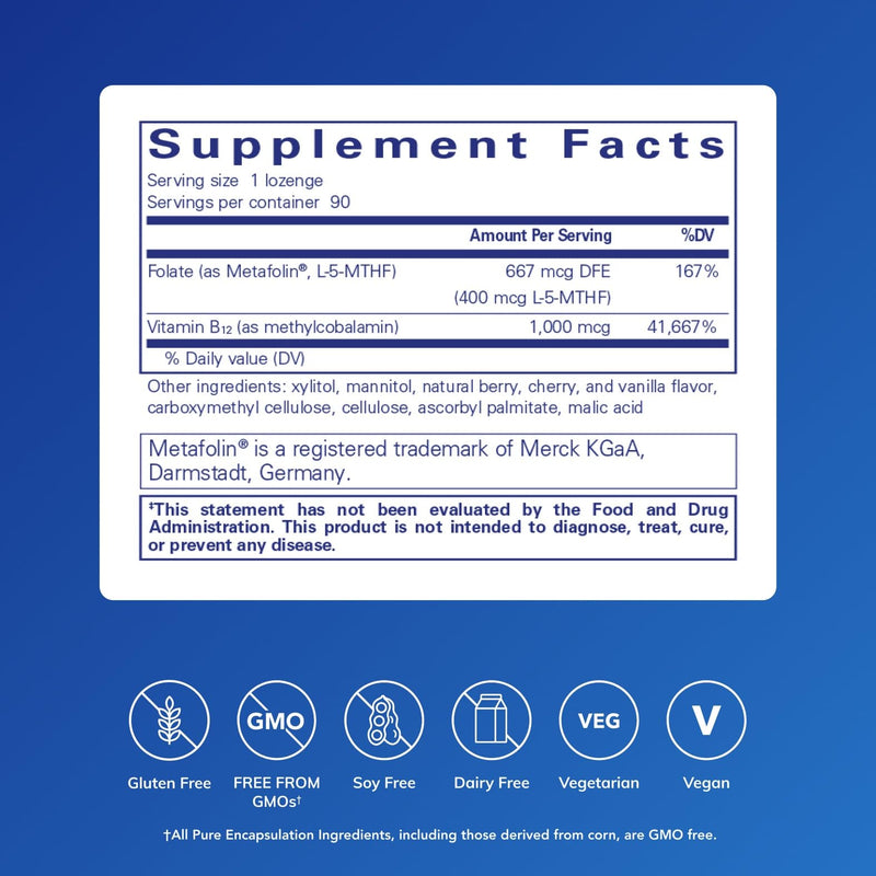 Pure Encapsulations PureMelt B12 Folate, 90 Lozenges | Active B Vitamin with L-5-MTHF, Metabolism Support and Red Blood Cell Function*, Non-GMO and Vegan