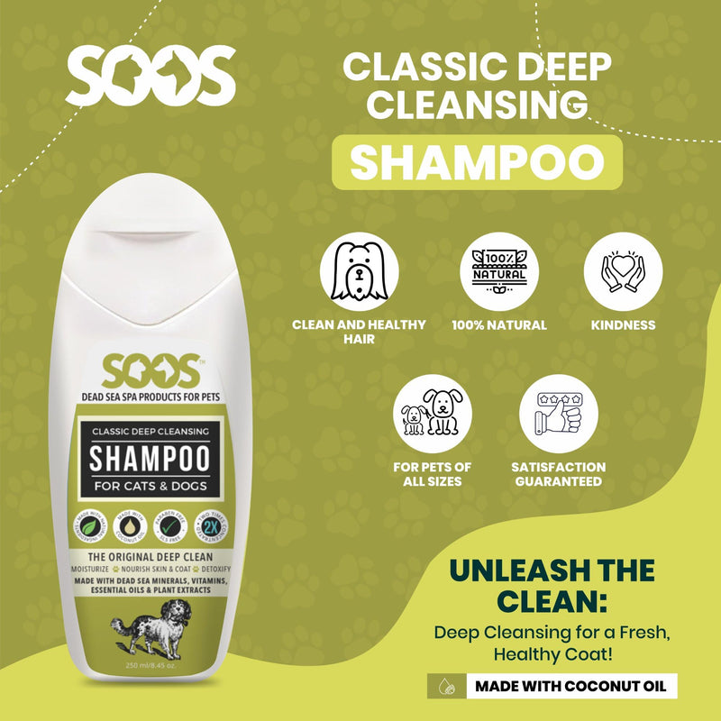 Soos Pets Dog Shampoo for Cats and Pets Natural Dead Sea Classic Deep Cleansing Fast Absorbing Coat with Vitamins Minerals Essential Oils Natural Ingredients Antib-acterial - 1x Pet Shampoo (250ml) - PawsPlanet Australia