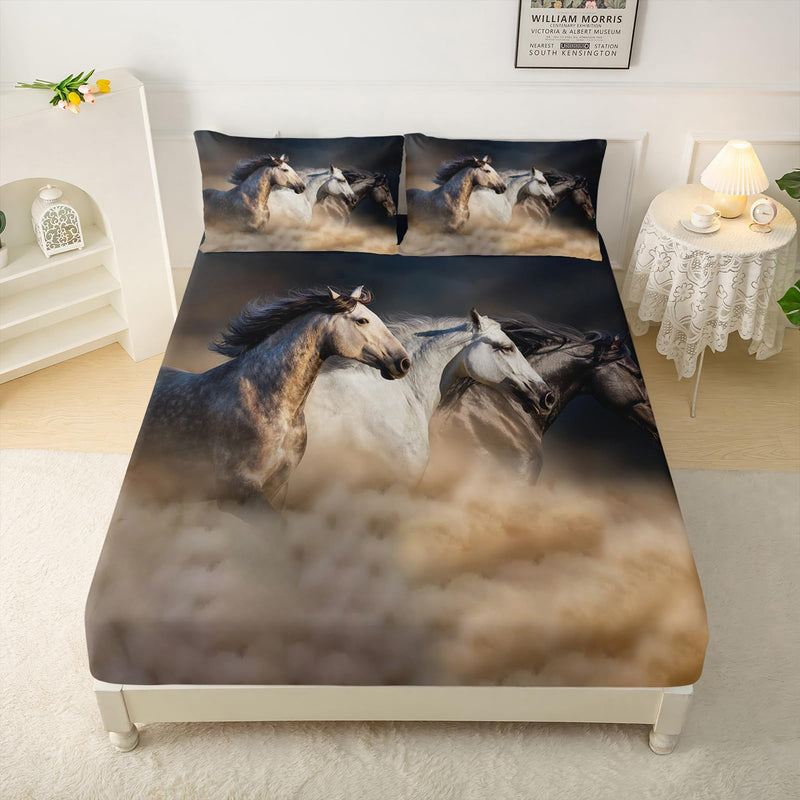 Horse Sheet Set,Running Horse Kids Bed Sheets,Galloping Horse 16" Deep Pocket Bed Sheet Set for Boys/Girls/Kids/Teens，4 Piece Sheet Set,1 Fitted Sheet,1 Flat Sheet and 2 Pillowcases，Twin Size Horse 5 Twin - BeesActive Australia
