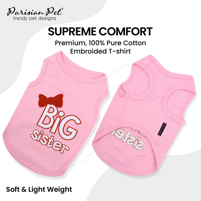 Parisian Pet Cat and Dog T-Shirt with Embroidered ' Big Sister ' - Breathable Big Sister Dog Shirt - Sleeveless Pet Vest - Machine Washable Pink Dog Shirt for Large Dogs, L - BeesActive Australia