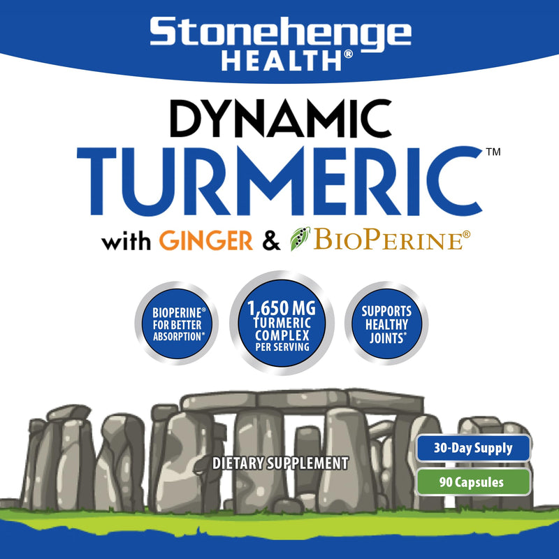 Stonehenge Health Dynamic Turmeric Curcumin with Ginger - High Potency - 1,650 mg Turmeric with 95% Curcuminoids & BioPerine, Supports Joint Pain & Inflammation, 90 Vegetarian Capsules - BeesActive Australia