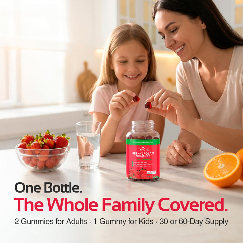 CogniTune Methylfolate Gummies for Kids and Adults 1000mcg 60 Count | L-Methylfolate 5-MTHF, MTHFR Support, Strawberry Chewable Vitamin B9, Non-GMO Vegan 60 Count (Pack of 1)