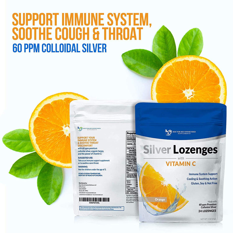 Silver Lozenges with Vitamin C - Premium Nano Silver 60 PPM Colloidal Silver, Organic Honey and Vitamin C Mineral Supplement Drops to Support Immune System, Soothe Cough & Throat - Pack of 2 Orange 24 Count (Pack of 2)