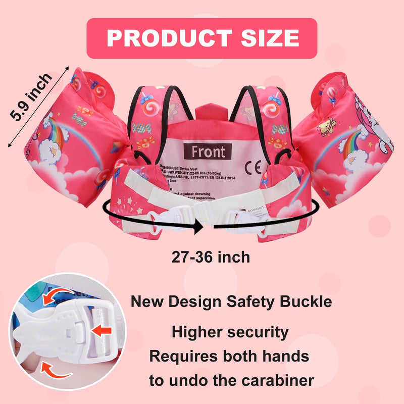 Toddler Swim Vest with Swimming Arm Floaties for 2-6 Years Old (22-66 lbs) Boys-Girls Kids Pool Floats Water Wings & Swim Jacket Niños Swimmies for Beach Boats Pink-Pony