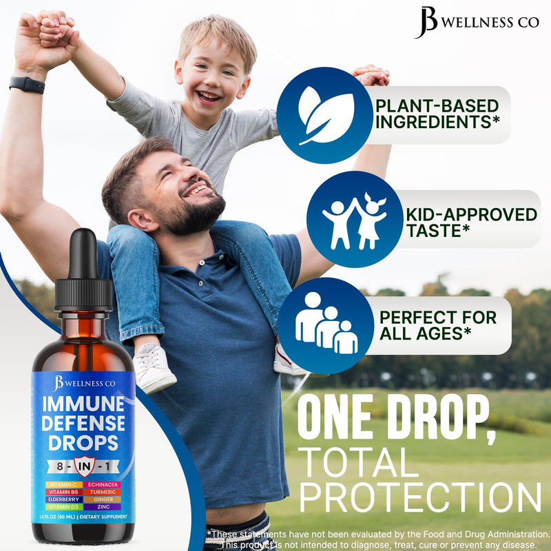 8-in-1 Immune Defense Liquid Drops – Elderberry, Echinacea, Turmeric Curcumin, Ginger, Vitamins C & D3, Zinc & B6 – Fast-Absorbing Immune Support & Antioxidant Support – Vegan, Non-GMO – 2 oz 2 Fl Oz (Pack of 1)