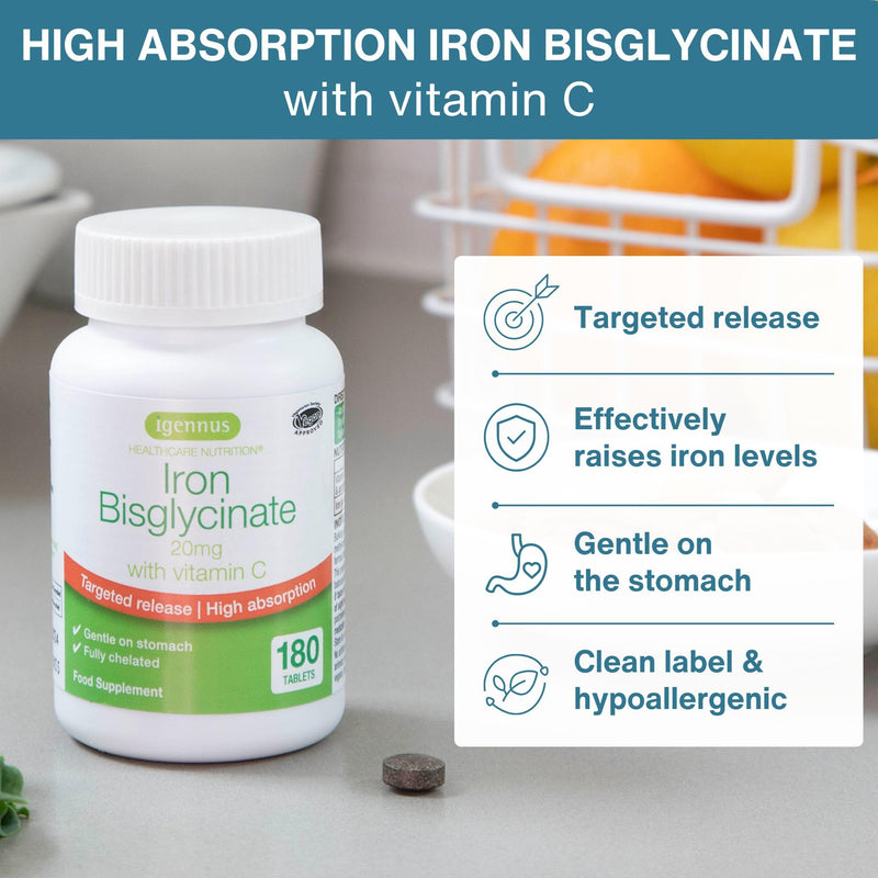 Igennus Clean Iron Bisglycinate 20mg with Vitamin C, 180 Tablets | Gentle and high-absorption chelated iron with targeted release; vegan 6-month supply