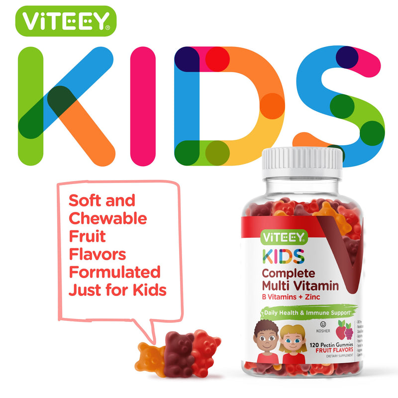 Viteey Kids Multivitamin Gummies, Complete Daily Essential Kids Vitamins | Great for Immune Support & Overall Health - 12 Essential Minerals & Vitamins - Vegetarian, Gelatin Free- Fruit Flavor Gummy 120 Count (Pack of 1)