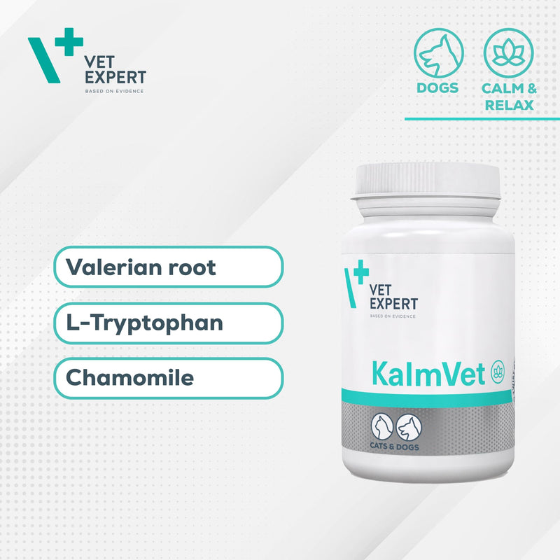 Vet Expert Kalmvet Stress and Anxiety Relief Supplement for Dogs and Cats – Promotes Relaxation with Chamomile, L-Tryptophan, and Valerian Root Extract 60 Twist off Capsules