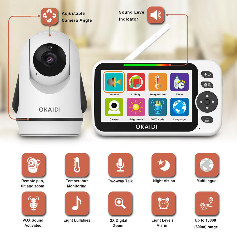 Video Baby Monitor with Camera and Audio, 5" Display Baby Monitor No WiFi, 30H Battery and 1000ft Range Baby Monitor, Remote Pan-Tilt-Zoom Baby Camera, Night Vision, 2-Way Talk, VOX,Temperature OD8052 - BeesActive Australia