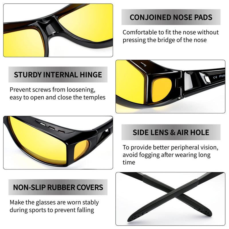 URUMQI Night Vision Driving Glasses Fit Over Glasses for Men Women, Anti Glare Polarized Nighttime Glasses HD Yellow Lens A08 Glossy Black Frame/Night Vision Lens - BeesActive Australia