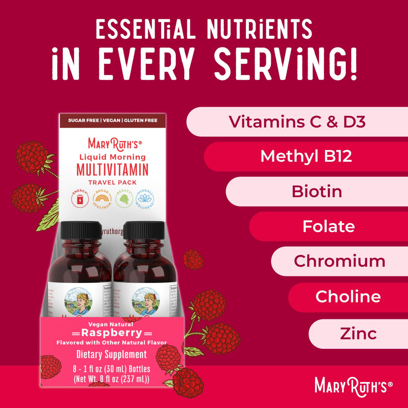 MARYRUTH'S Liquid Morning Multivitamin Travel Pack, Beauty, Vegan, 8 Pack | Mens & Womens Multivitamin, Vitamin A C D E B6 B12 Biotin Zinc, Beauty, Immunity, Vegan 1 Fl Oz (Pack of 8)