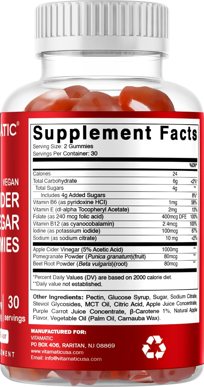 Vitamatic Apple Cider Vinegar Gummies 1000 mg Per Serving, 60 Vegan Gummies | Pectin Based, Support Weight Loss*, Energy Boost*, Digestion & Gut health*, Gluten Free, Non GMO 60 Count (Pack of 1)