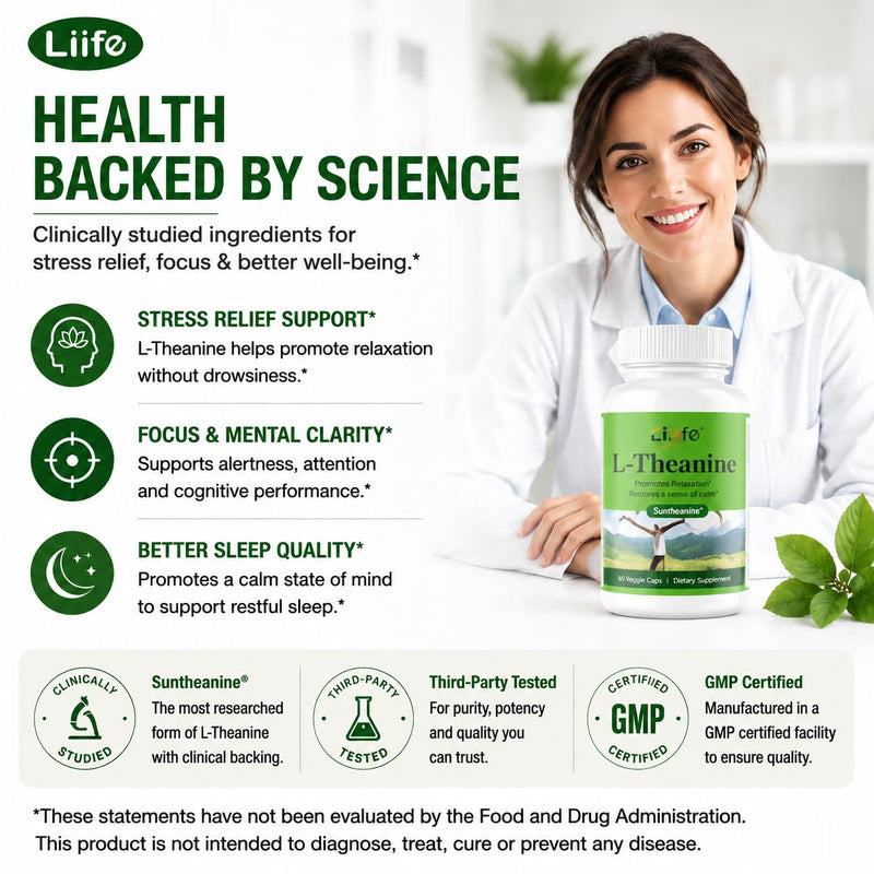 LIIFE L-Theanine (Suntheanine®) with GABA & Magnesium | 60 Veggie Capsules | With black pepper extract, supports healthy stress response, relaxation and focus, aids natural brain alpha-wave production