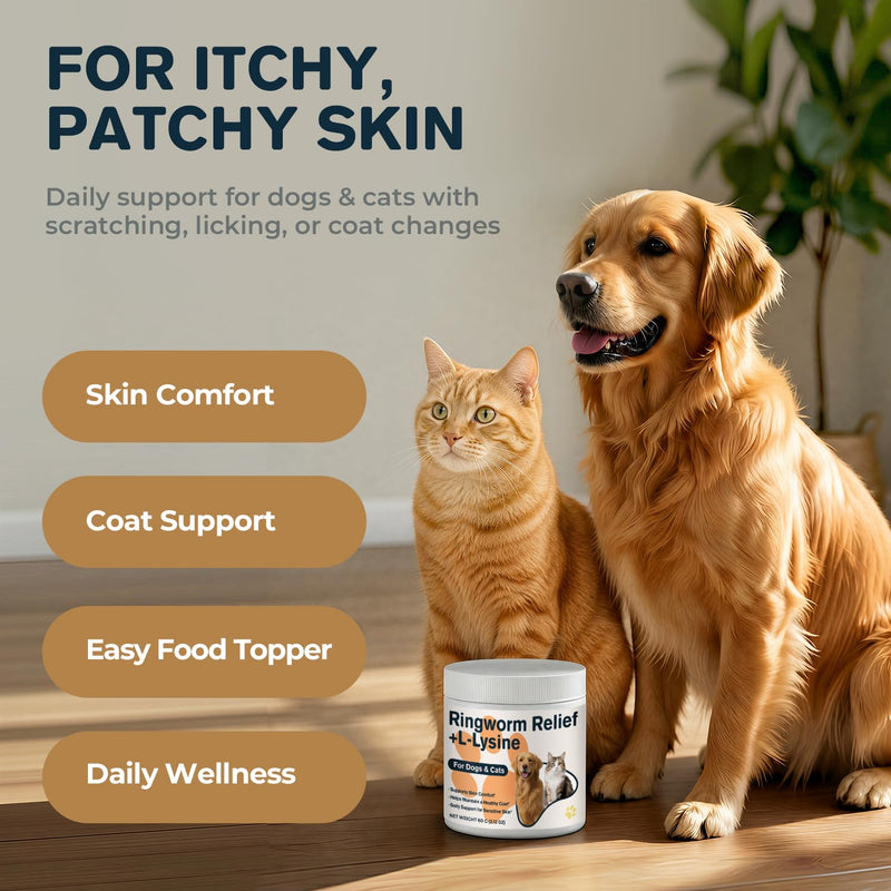 Ringworm Treatment for Dogs & Cats + L-Lysine, Skin & Coat Support Powder, Helps Reduce Scratching, Itching & Patchy Coat, with Fish Oil, Beta-Glucan, Turmeric, Zinc & Biotin, 60 g