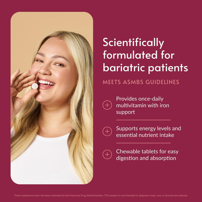 Bariatric Advantage Chewable Ultra Solo with Iron, Citrus, 90 Tablets | Once-Per-Day Daily Multivitamin, for Bariatric Patients, with Thiamin, Vitamin A and More, Gluten-Free, Chewable Tablet 90 Count (Pack of 1)